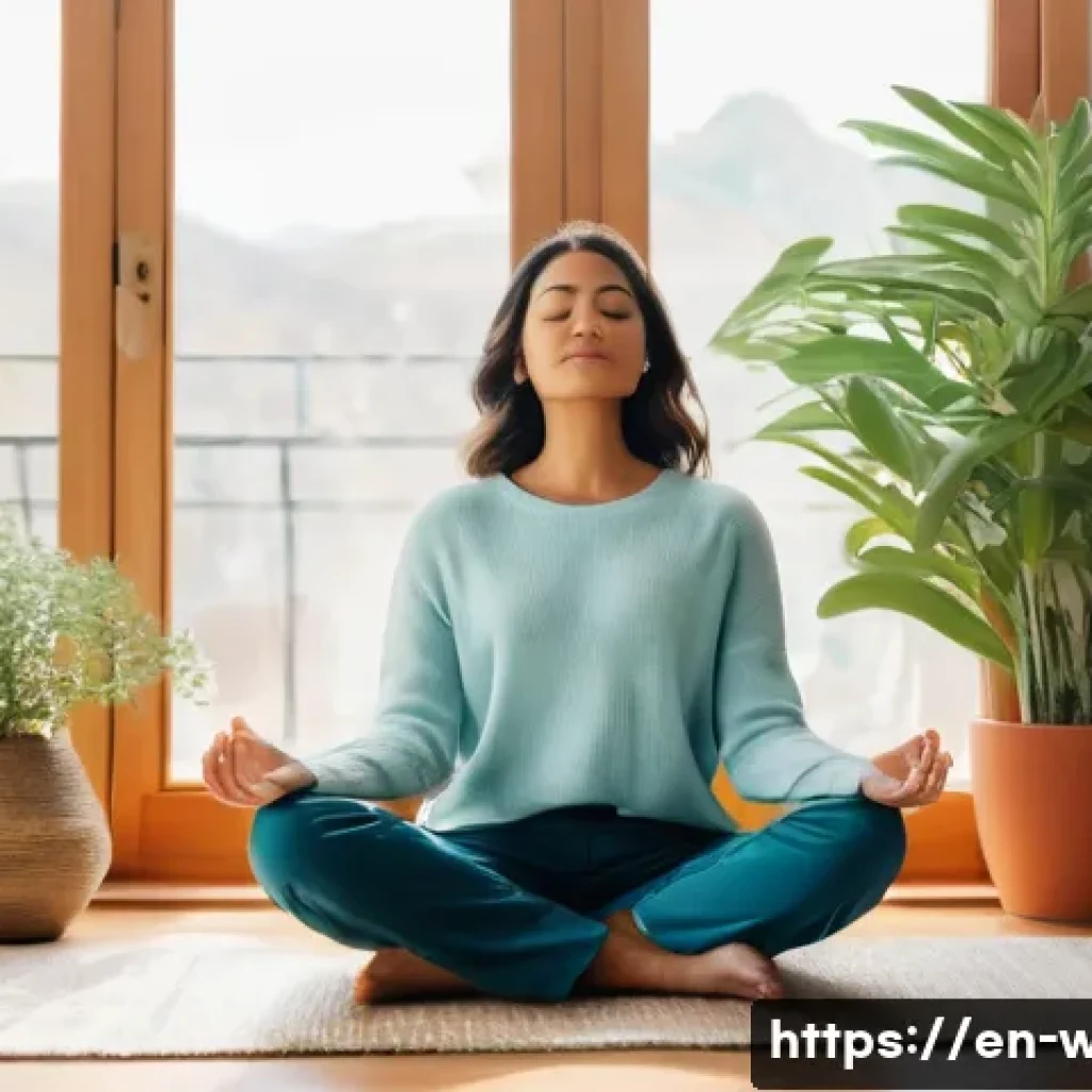 사회복지사 업무 스트레스 관리법 - **A female social worker, in her late 30s, practicing mindfulness meditation in a cozy, sunlit corne...