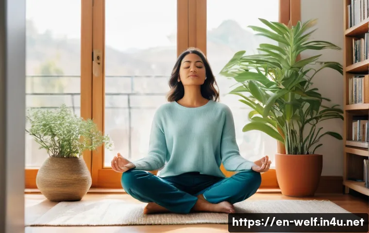 사회복지사 업무 스트레스 관리법 - **A female social worker, in her late 30s, practicing mindfulness meditation in a cozy, sunlit corne...