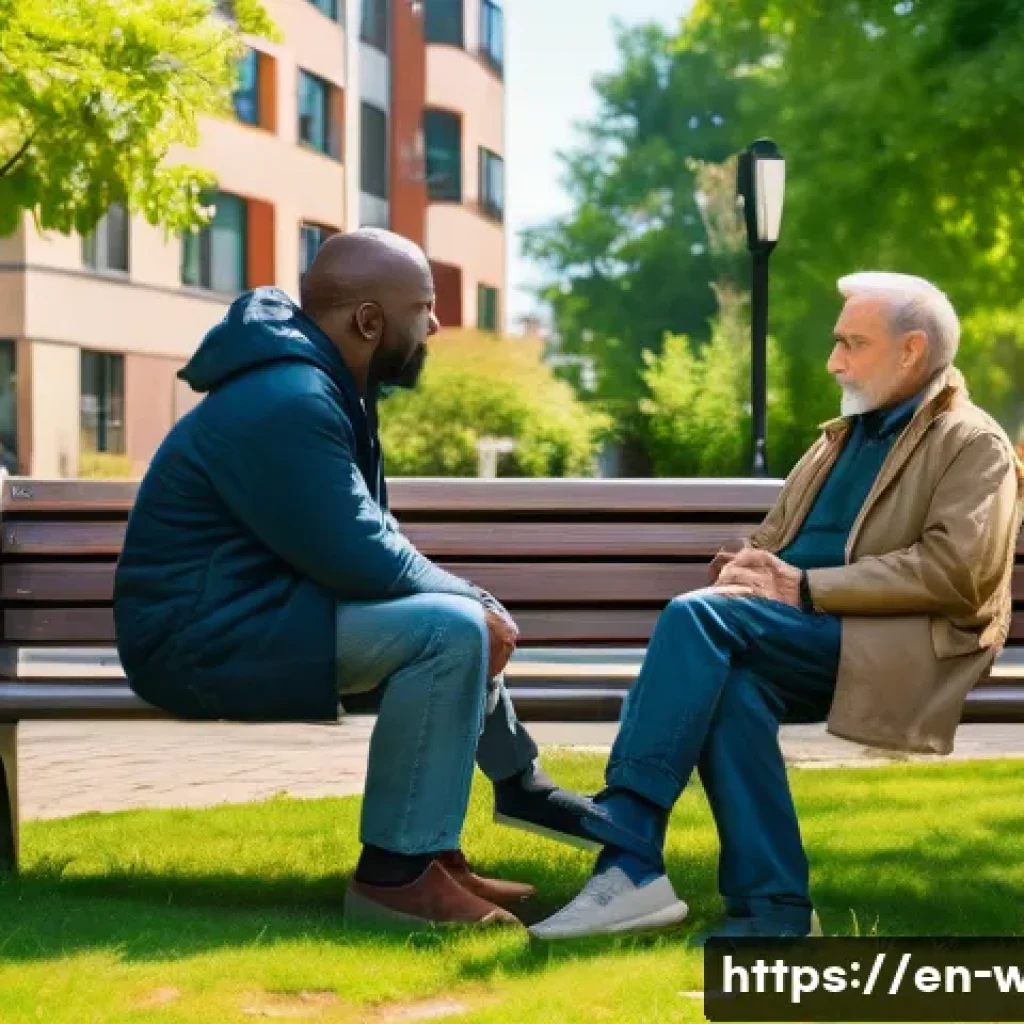 사회복지사 지역 사회 문제 해결 - A compassionate social worker sitting on a park bench in a diverse urban neighborhood, attentively l...