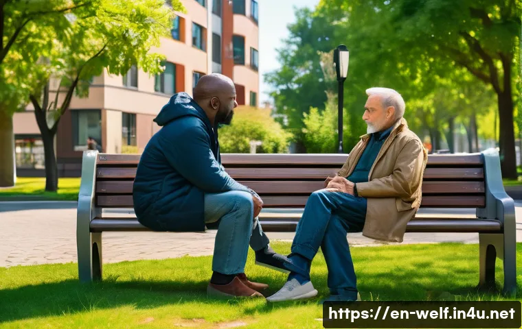 사회복지사 지역 사회 문제 해결 - A compassionate social worker sitting on a park bench in a diverse urban neighborhood, attentively l...