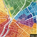 Home 16 사회복지사와 복지 통계 분석법 - A detailed infographic-style illustration showing a community map with heat maps overlayed to repres...