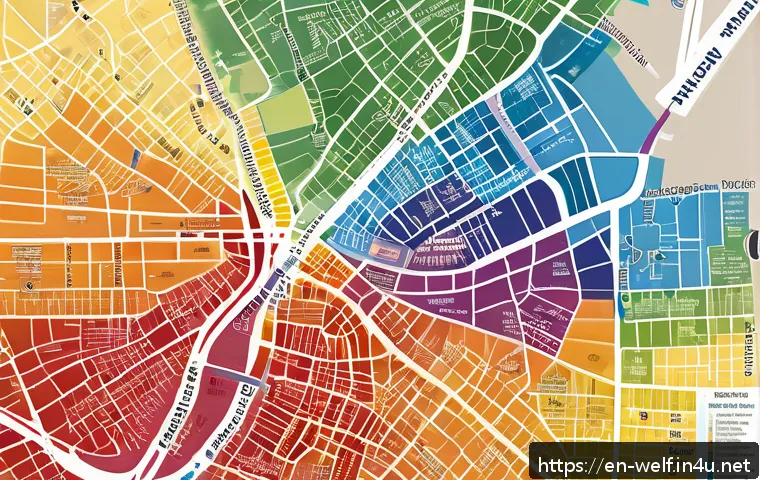 사회복지사와 복지 통계 분석법 - A detailed infographic-style illustration showing a community map with heat maps overlayed to repres...