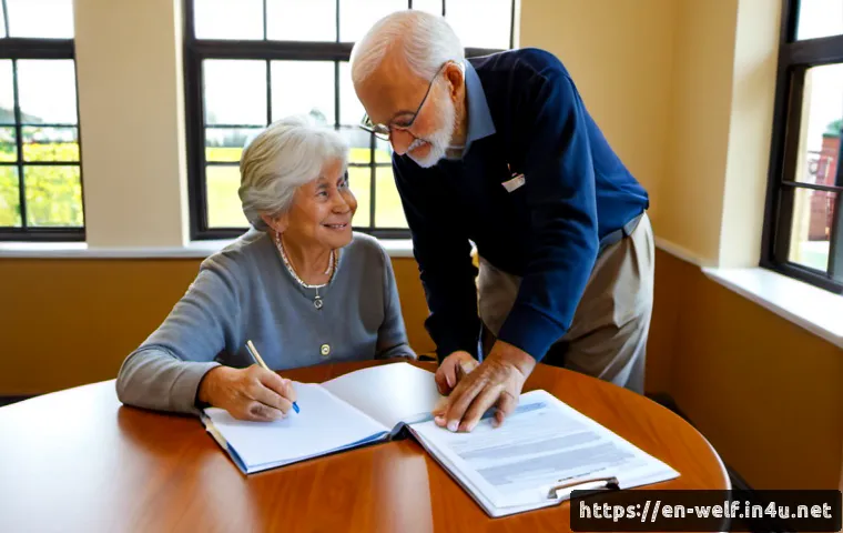 Home 17 사회복지사 자격증 활용 사례 - Photorealistic community social worker in a bright American senior center, warmly assisting an older...