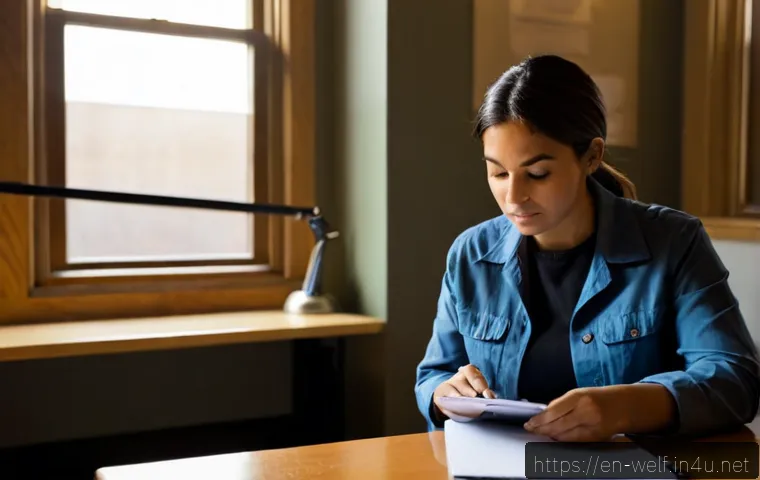 사회복지사로서의 윤리적 고민 - Photorealistic social worker in a modest community services office, thoughtfully reviewing a sealed ...